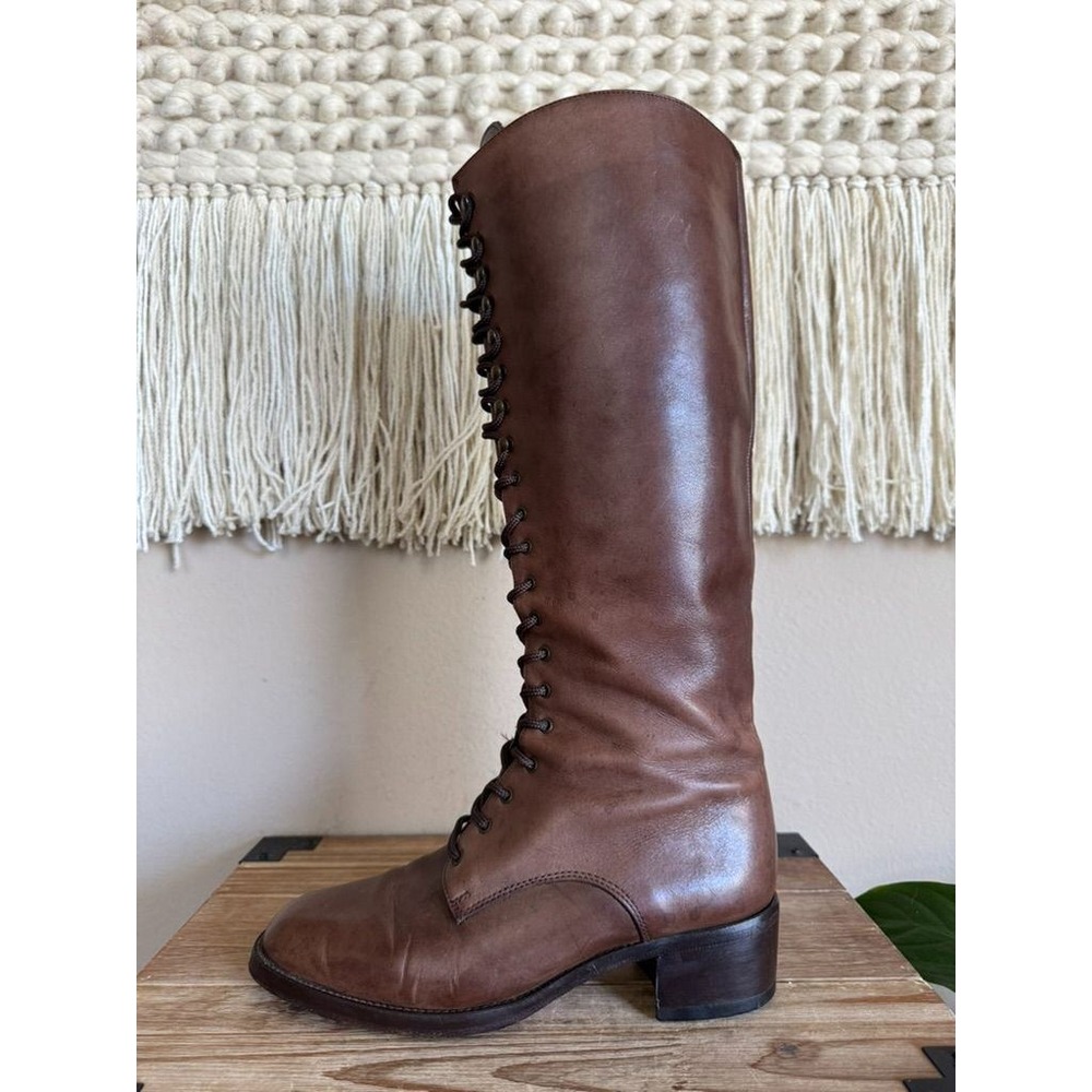90s Vintage Charles David Brown Leather Lace Up Knee High Riding Boots Size 8 - Picture 6 of 16